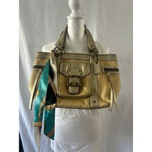 Coach Hampton Straw Metallic Gold Leather Satchel Bag M05K-113#494